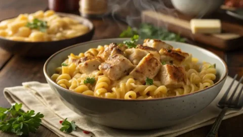 A steaming bowl of creamy chicken mac and cheese made with spiral pasta and golden pan-seared chicken breast, served on a rustic wooden table.