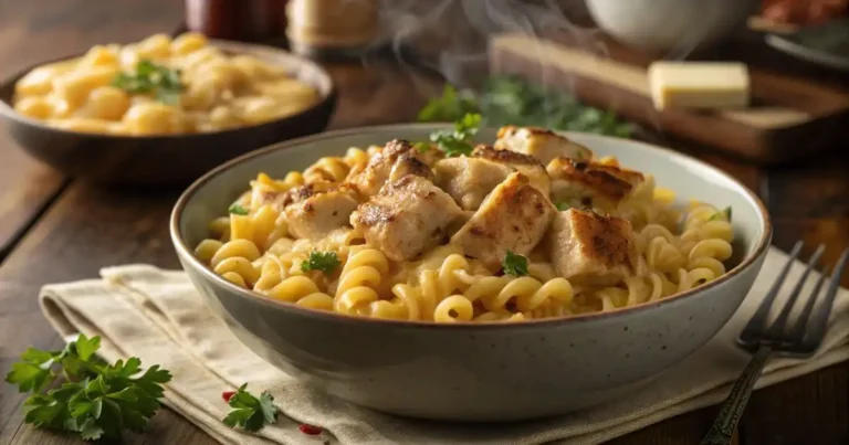 A steaming bowl of creamy chicken mac and cheese made with spiral pasta and golden pan-seared chicken breast, served on a rustic wooden table.
