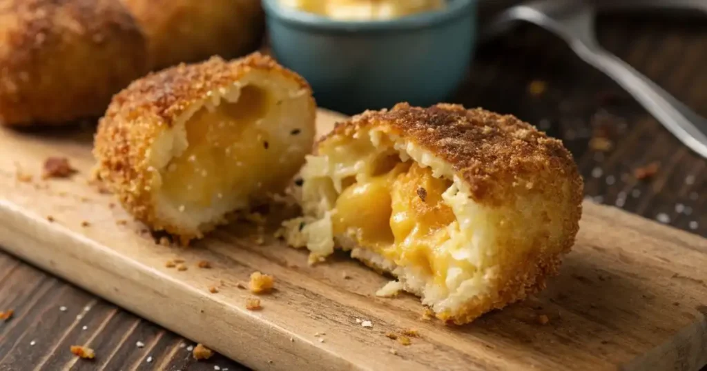 A baked mac and cheese bite broken in half, showing a crispy Panko crust and a gooey melted cheddar cheese center.