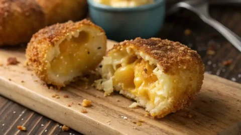 A baked mac and cheese bite broken in half, showing a crispy Panko crust and a gooey melted cheddar cheese center.