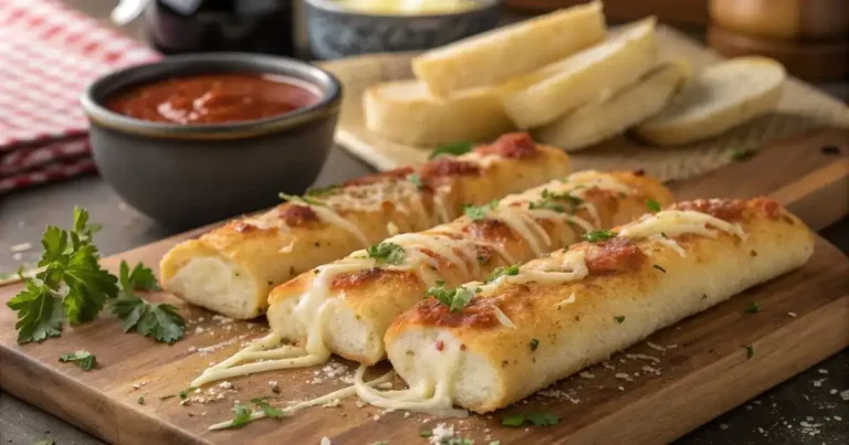 Homemade copycat Pizza Hut cheese sticks golden-baked on a wooden cutting board with a bowl of marinara dipping sauce in the background