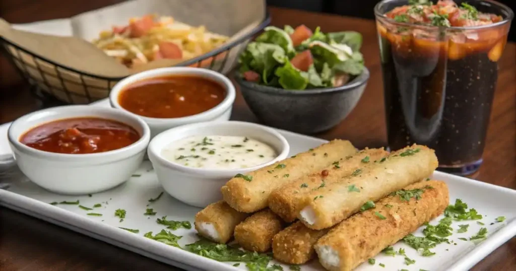 Golden crispy fried cheese sticks served on a white plate with
marinara and ranch dipping sauces, fresh salad and drinks in
the background