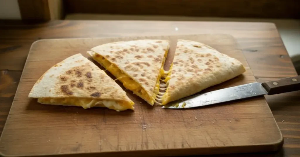 Freshly made cheese quesadilla recipe cut into triangles on a rustic wooden cutting board with a knife, melted cheddar cheese stretching between the slices