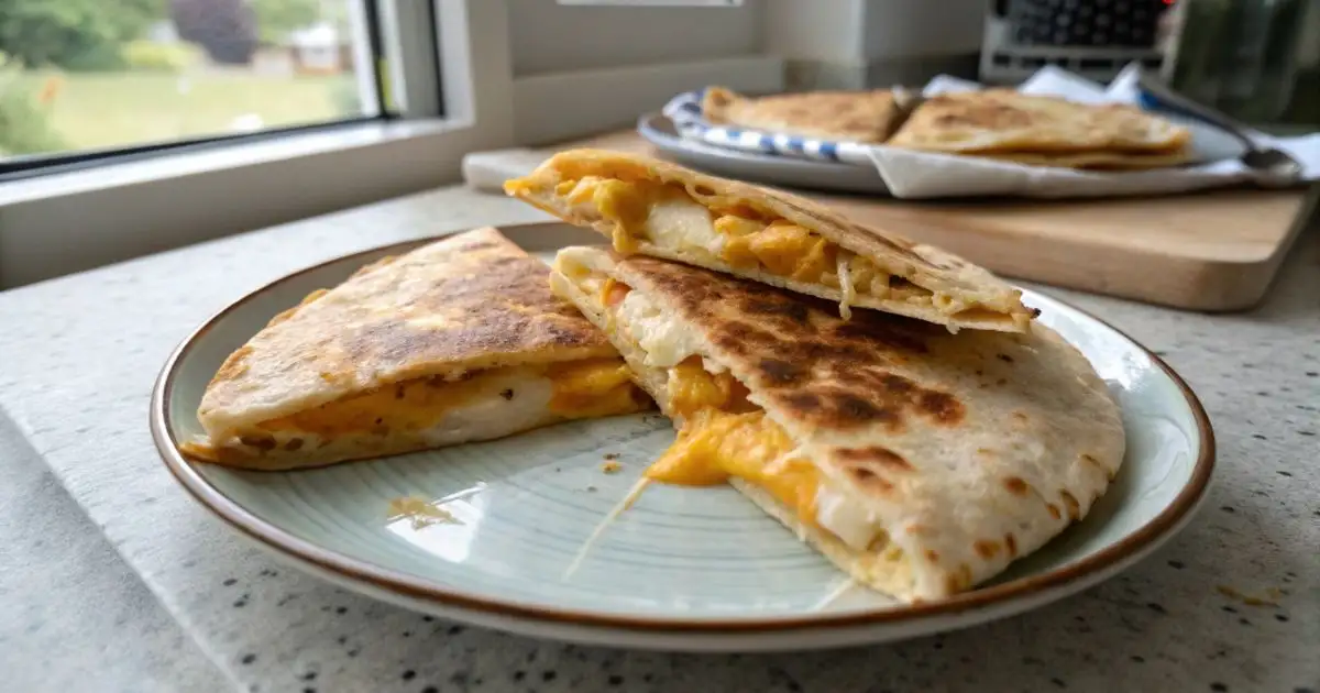 Crispy cheese quesadilla recipe served on a ceramic plate with melted cheddar visible inside the folded tortilla triangles, natural kitchen window light in the background