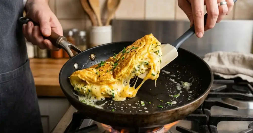A fluffy cheese omelette being folded with a spatula in a nonstick skillet with melted cheese stretching from the center.