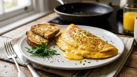 A fluffy folded cheese omelette with melted cheddar on a white plate served with toasted bread and fresh herbs beside a nonstick skillet.
