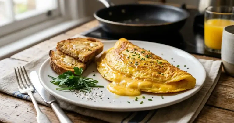 A fluffy folded cheese omelette with melted cheddar on a white plate served with toasted bread and fresh herbs beside a nonstick skillet.