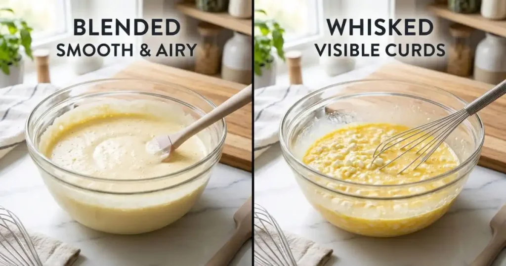 A side-by-side comparison of two egg preparation methods for a cottage cheese omelette: a smooth, airy blended mixture on the left and a whisked mixture with visible cottage cheese curds on the right.