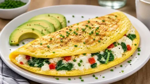 A fluffy cottage cheese omelette filled with fresh spinach and diced red peppers, topped with chives and served with avocado slices on a white plate.