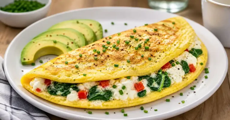 A fluffy cottage cheese omelette filled with fresh spinach and diced red peppers, topped with chives and served with avocado slices on a white plate.