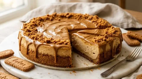 A classic Biscoff cheesecake with a golden Lotus cookie crust, creamy caramel-spiced filling, glossy cookie butter drip, and crushed Biscoff crumb border — served on a marble board with whole Lotus biscuits alongside.