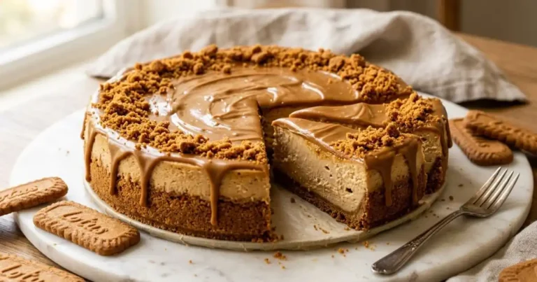 A classic Biscoff cheesecake with a golden Lotus cookie crust, creamy caramel-spiced filling, glossy cookie butter drip, and crushed Biscoff crumb border — served on a marble board with whole Lotus biscuits alongside.