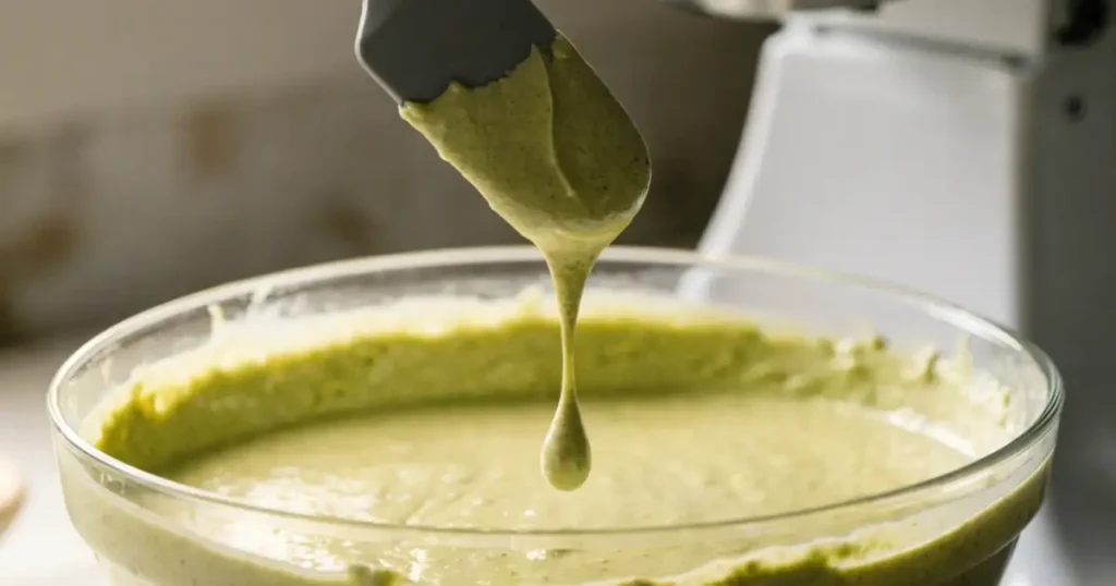 Close-up of smooth pistachio cheesecake batter in a glass mixing bowl, with a gray silicone spatula lifted above showing the batter dripping in a slow, thick stream, stand mixer visible in the background.