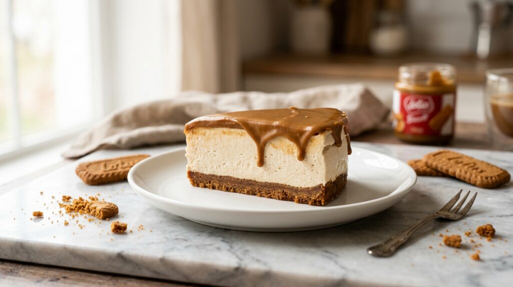 A single slice of no-bake Biscoff cheesecake on a white plate on a marble surface, showing a dense golden Lotus Biscoff cookie crust base, a tall pale cream cheese filling with a light airy texture, and a glossy Biscoff cookie butter drip over the top edge, with Lotus biscuits, crumbs, a silver fork, and a Lotus Biscoff spread jar visible around the plate.