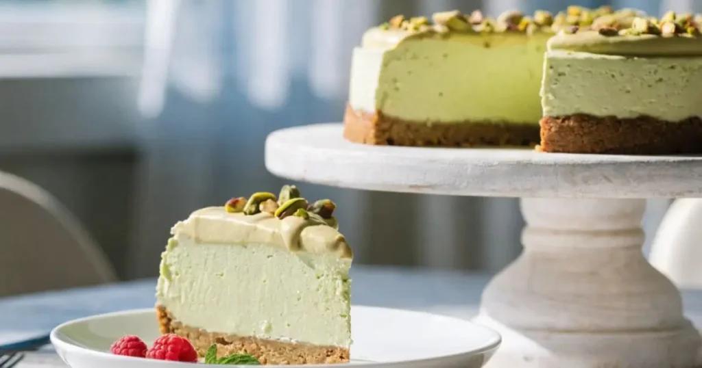 A slice of no-bake pistachio cheesecake on a white plate garnished with two fresh raspberries and a mint leaf, with the whole cheesecake on a white rustic wooden cake stand in the background, topped with chopped pistachios and a drizzle of pistachio cream, bright natural window light.