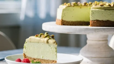 A slice of no-bake pistachio cheesecake on a white plate garnished with two fresh raspberries and a mint leaf, with the whole cheesecake on a white rustic wooden cake stand in the background, topped with chopped pistachios and a drizzle of pistachio cream, bright natural window light.