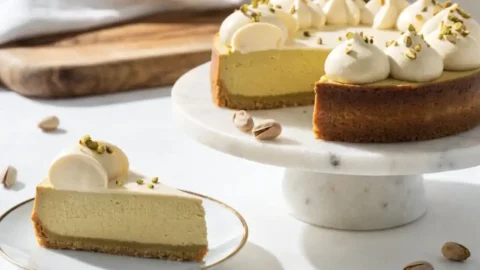 Baked pistachio cheesecake on a white marble cake stand with whipped cream topping and crushed pistachios, with one slice served on a gold-rimmed plate in the foreground, on a light marble surface.