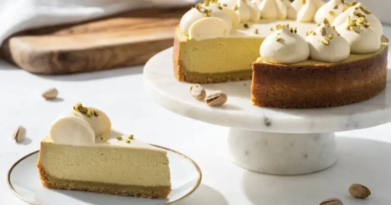 Baked pistachio cheesecake on a white marble cake stand with whipped cream topping and crushed pistachios, with one slice served on a gold-rimmed plate in the foreground, on a light marble surface.