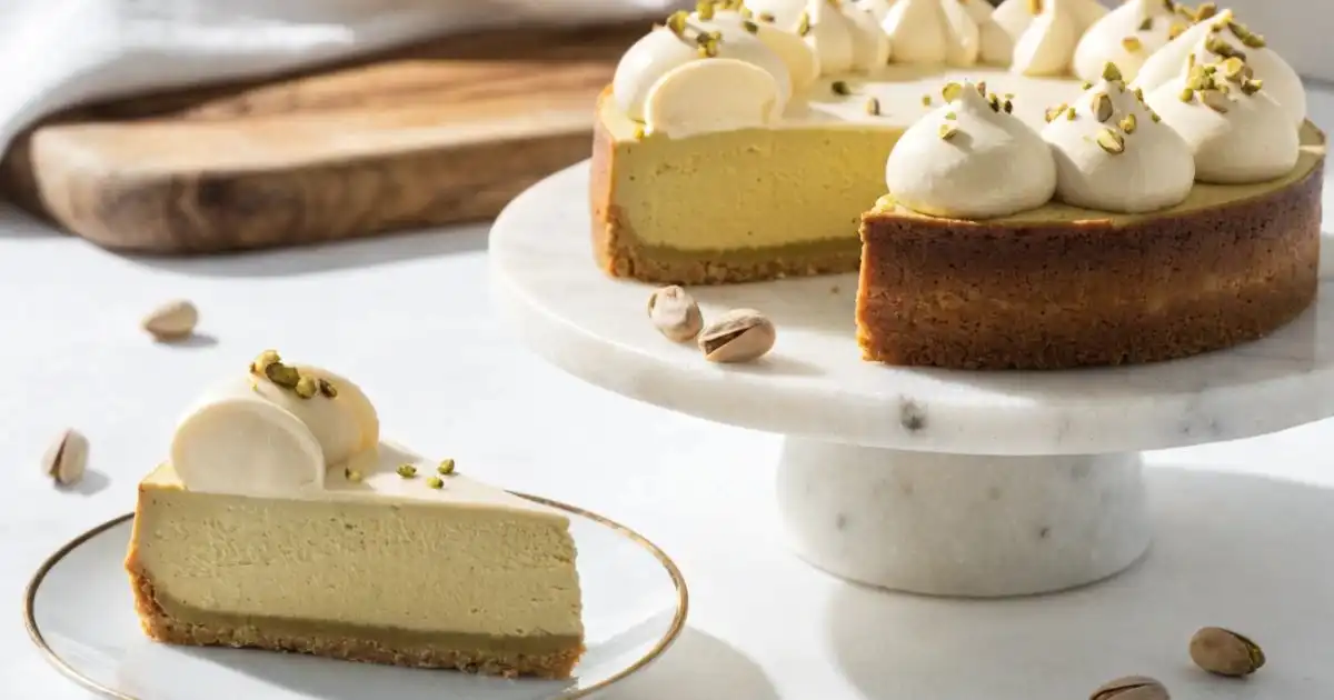 Baked pistachio cheesecake on a white marble cake stand with whipped cream topping and crushed pistachios, with one slice served on a gold-rimmed plate in the foreground, on a light marble surface.