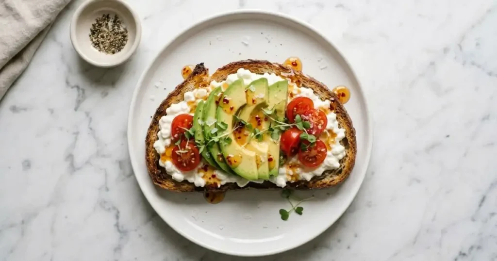 Avocado cottage cheese toast on sourdough with cherry tomatoes, hot honey drizzle, chili flakes, and microgreens on a white plate