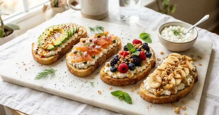 Four cottage cheese toast varieties on a marble board: avocado, smoked salmon, mixed berry granola, and banana granola