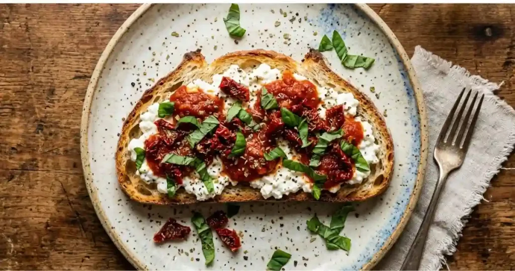 Pizza cottage cheese toast on sourdough with marinara sauce, sun-dried tomatoes, dried oregano, and fresh basil on a rustic speckled ceramic plate
