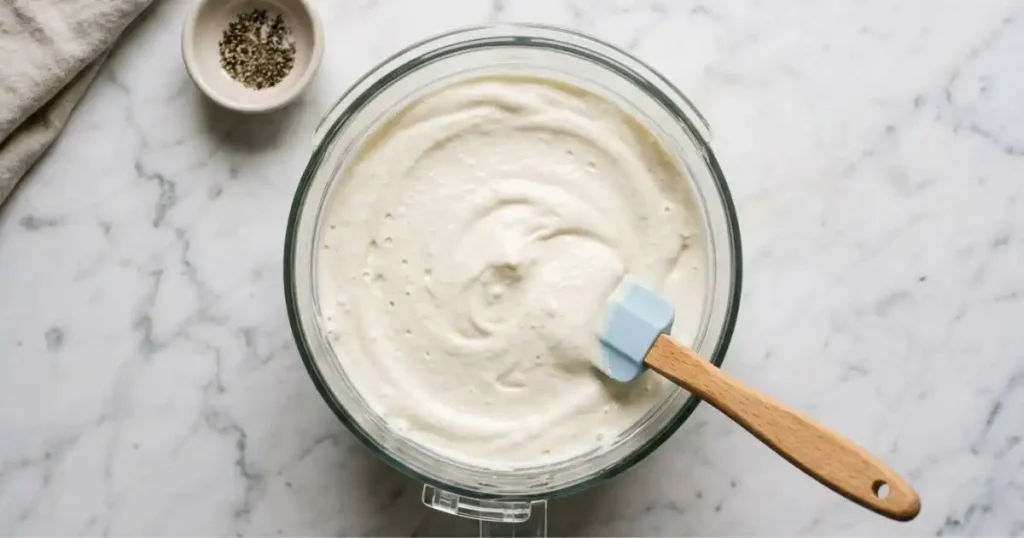 Whipped cottage cheese blended smooth in a food processor bowl with a silicone spatula, marble surface