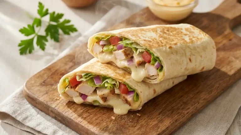 Cheesy garlic chicken wraps sliced in half showing melted cheese, grilled chicken, lettuce, tomato, and red onion filling