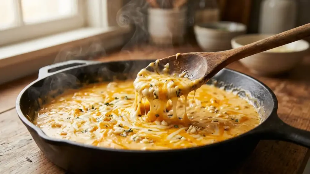 Wooden spoon lifting melted garlic cheese sauce with visible cheese pull from a cast iron skillet