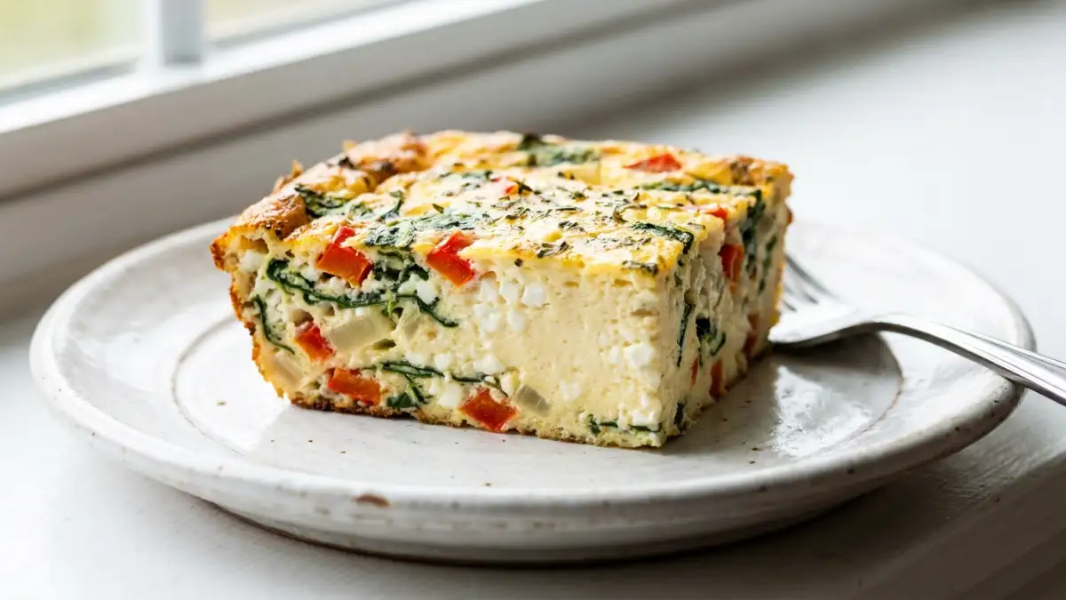 Sliced egg cottage cheese bake with spinach and red bell pepper on a white plate