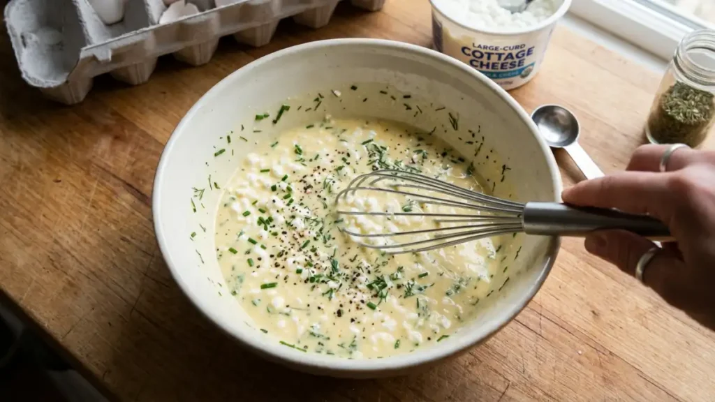 Hand whisking eggs, cottage cheese, and fresh herbs in a bowl on a wooden counter